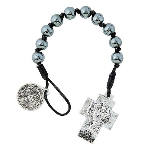 AUTO ROSARY - ST BENEDICT - HEMATITE BEADS