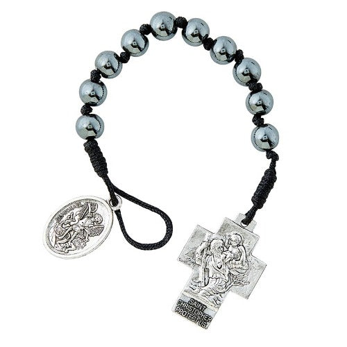 AUTO ROSARY - ST MICHAEL - HEMATITE BEADS