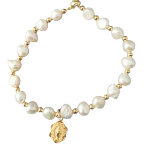 Child's Bracelet Miraculous Medal 6mm White Pearl with Gold Plate