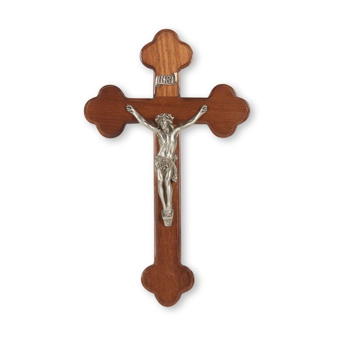 10" Latin Style Walnut Wood Crucifix with Antiqued Fine Pewter Corpus