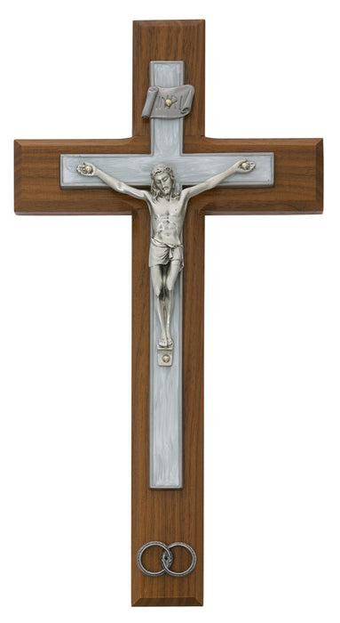 WEDDING CRUCIFIX 10" WALNUT WITH WHITE EPOXY OVERLAY AND RINGS