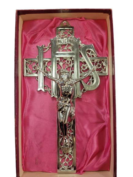 WALL CRUCIFIX - VINTAGE IHS - 9.5" SILVER TONE METAL