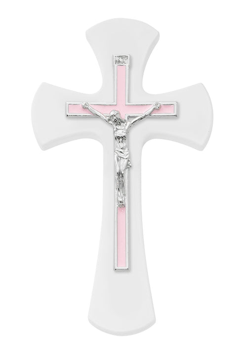 Wall Crucifix 7" White with Pink Enamel Inlay