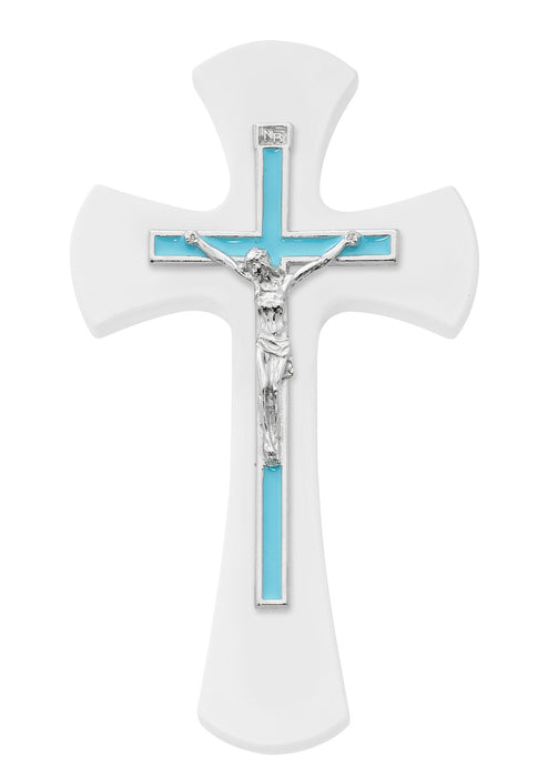 Wall Crucifix 7" White with Blue Enamel Inlay