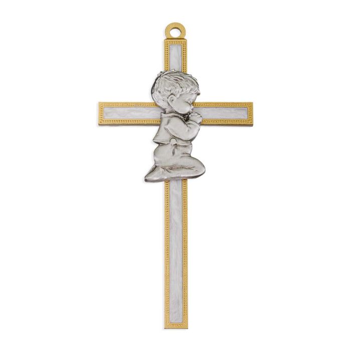 Cross 5" Pewter and White Pearl Epoxy with Boy Figure