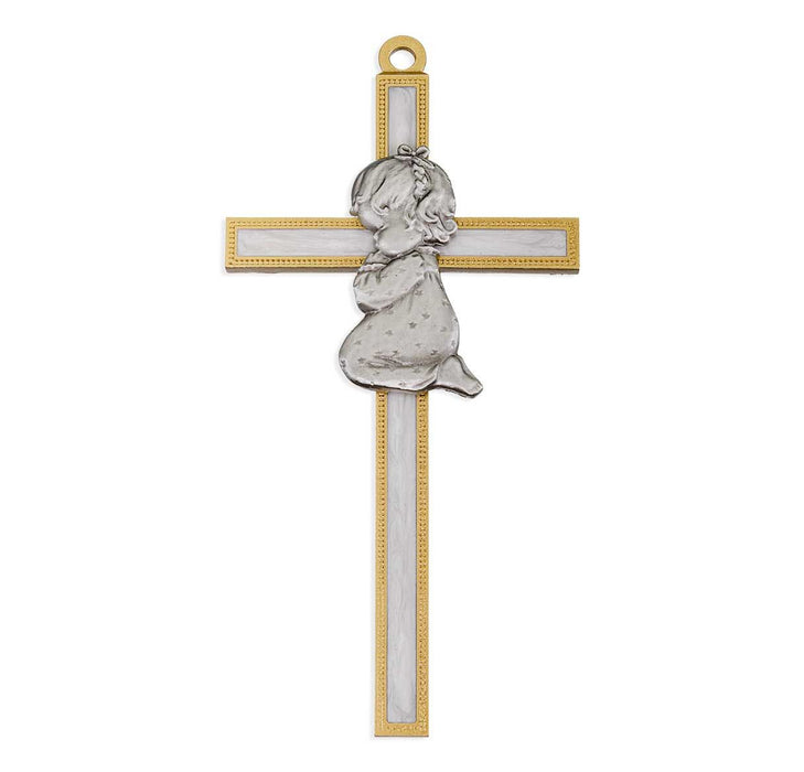 Cross 5" Pewter and White Pearl Epoxy with Girl Figure