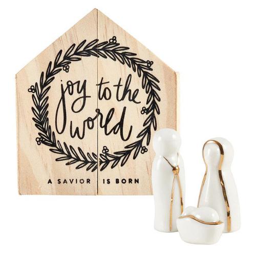 Holy Family in Wood Manger "Joy To The World"