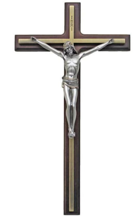 Crucifix 10" Wood Tone Two Tone Pewter and Gold