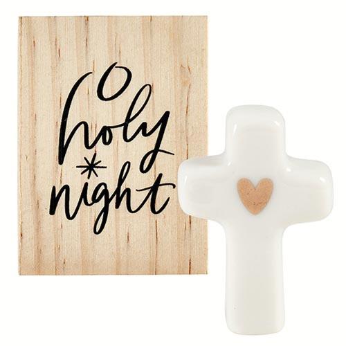 Ceramic Cross Figurine In Wood Box "O Holy Night"