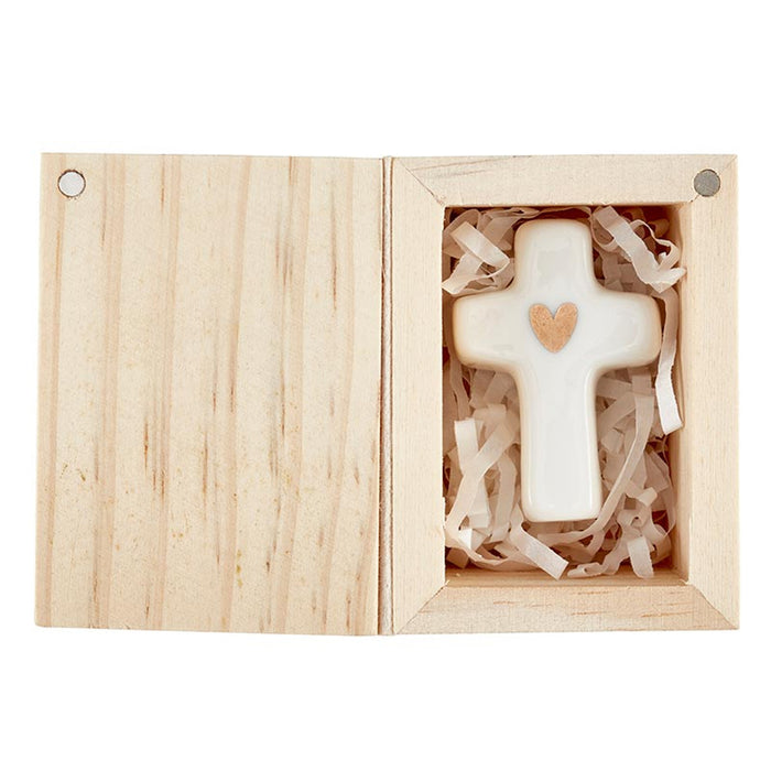 Ceramic Cross Figurine In Wood Box "O Holy Night"