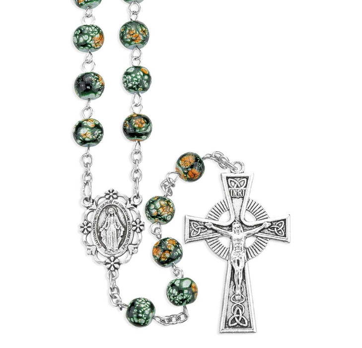 Rosary Celtic Crucifix and 8mm Glass Emerald Bead