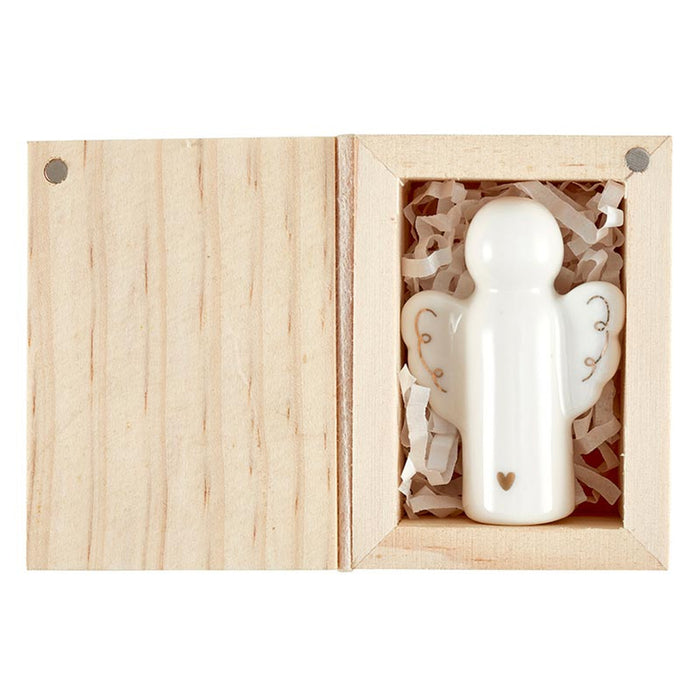 Ceramic Angel Figurine In Wood Box "Peace On Earth"