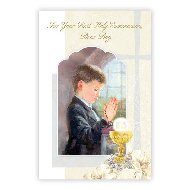 First Communion Card Praying Boy with Rosary