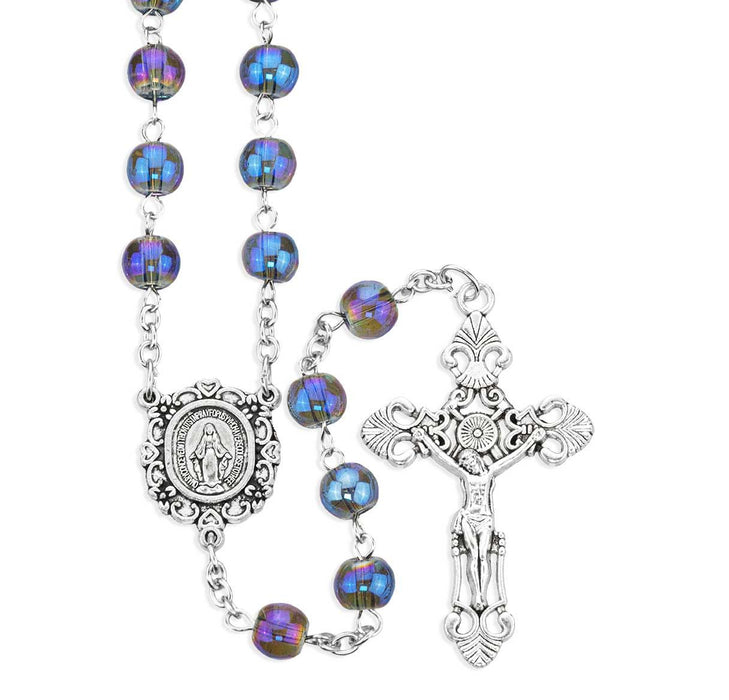 Rosary 8mm Glass Sapphire Aurora Borealis Beads