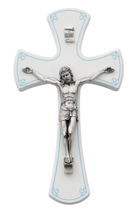 Wall Crucifix 7" White Wood with Blue Detail