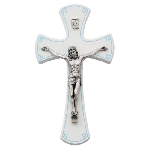 Wall Crucifix 7" White Wood with Blue Detail