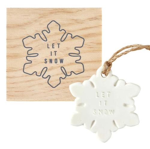 Ceramic Snowflake Ornament In Wood Box "Let It Snow"