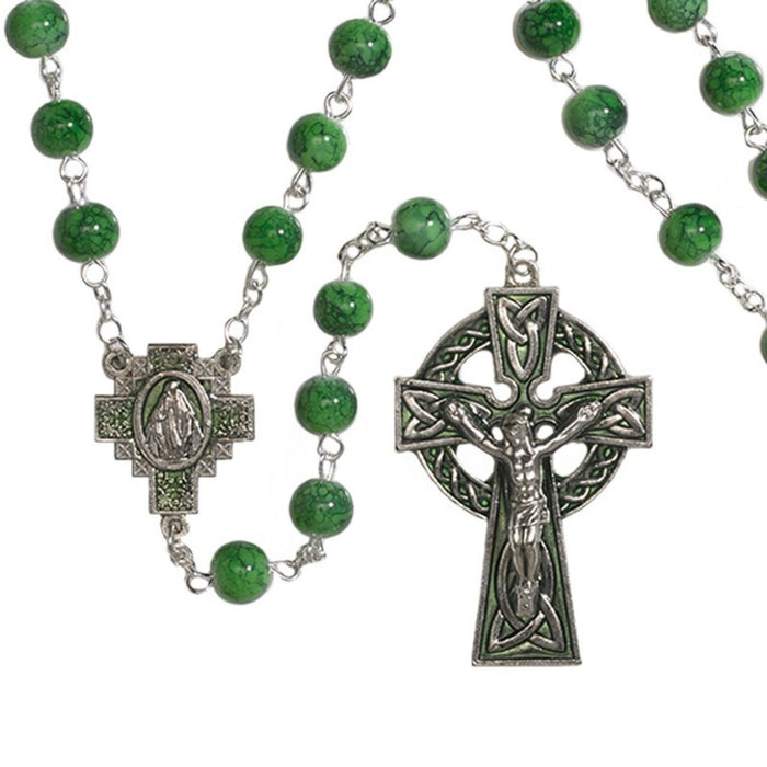 Rosary - Irish - 7mm Green Marble - Celtic Crucifix