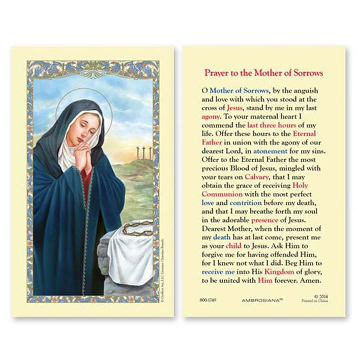 Prayer To Mother of Sorrows Holy Card