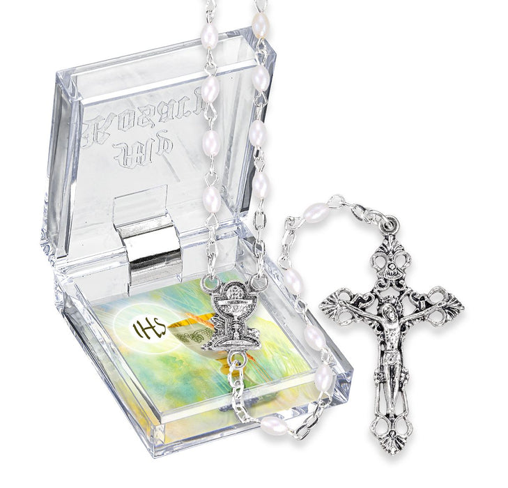 First Communion Rosary 4mm Oval Opaline White Glass Bead