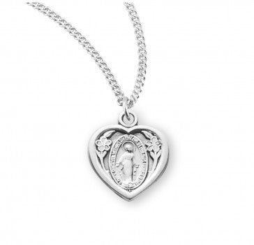 CHILD'S MIRACULOUS MEDAL 0.6" HEART SHAPED STERLING SILVER ON 13" CHAIN