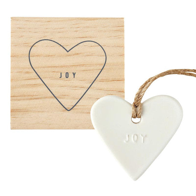 Ceramic Heart Ornament In Wood Box "Joy"