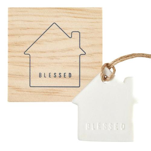 Ceramic Home Ornament In Wood Box "Blessed"