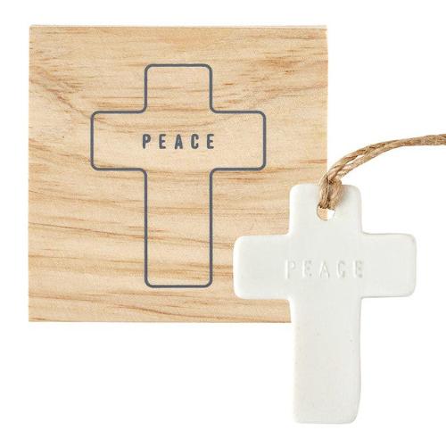 Ceramic Cross Ornament In Wood Box "Peace"