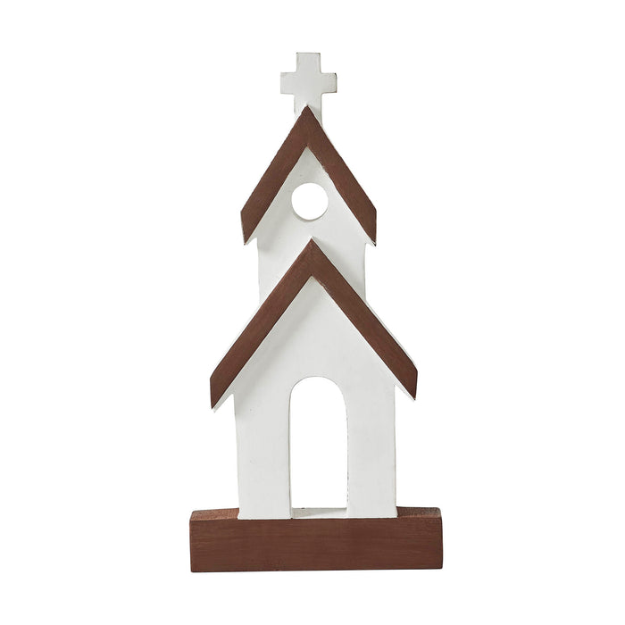 Brown Roof White Church Wooden Figurine 12" x 6" x 1"