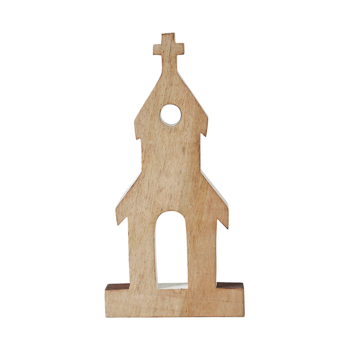 Brown Roof White Church Wooden Figurine 12" x 6" x 1"
