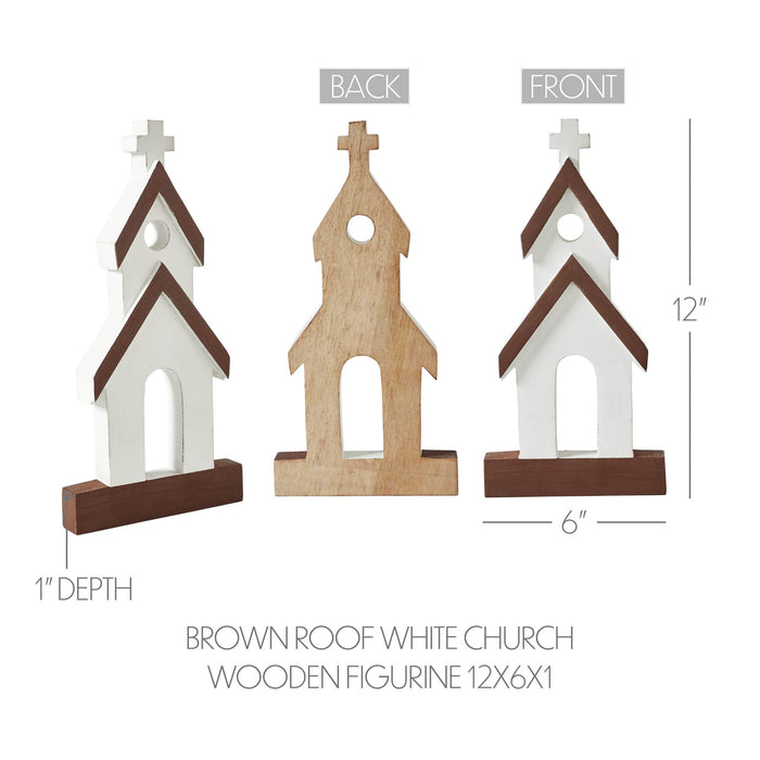 Brown Roof White Church Wooden Figurine 12" x 6" x 1"