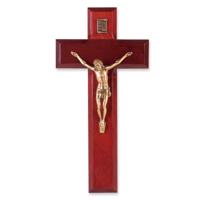 8" Dark Cherry Wood Cross with Museum Gold Tone Corpus