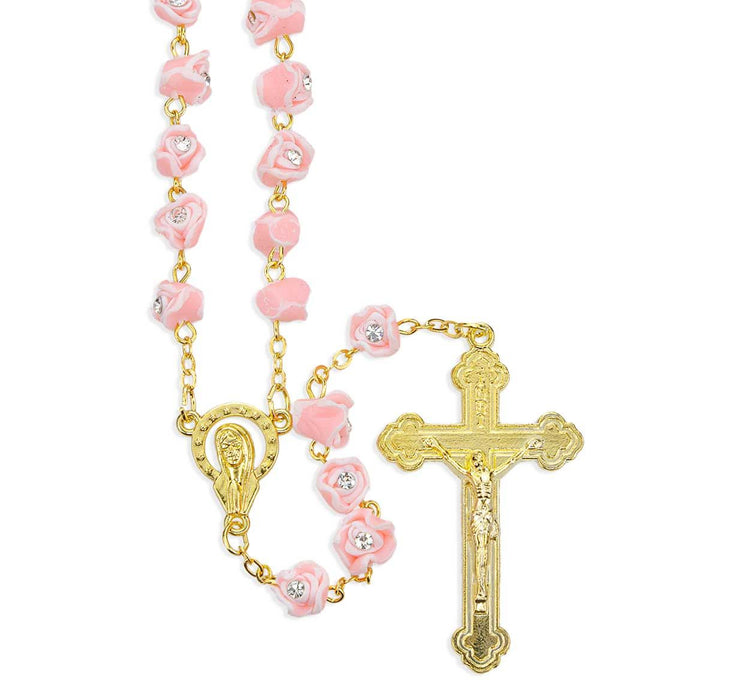 Rosary 7mm Pink and White Rosebuds Beads with Crystal Stones