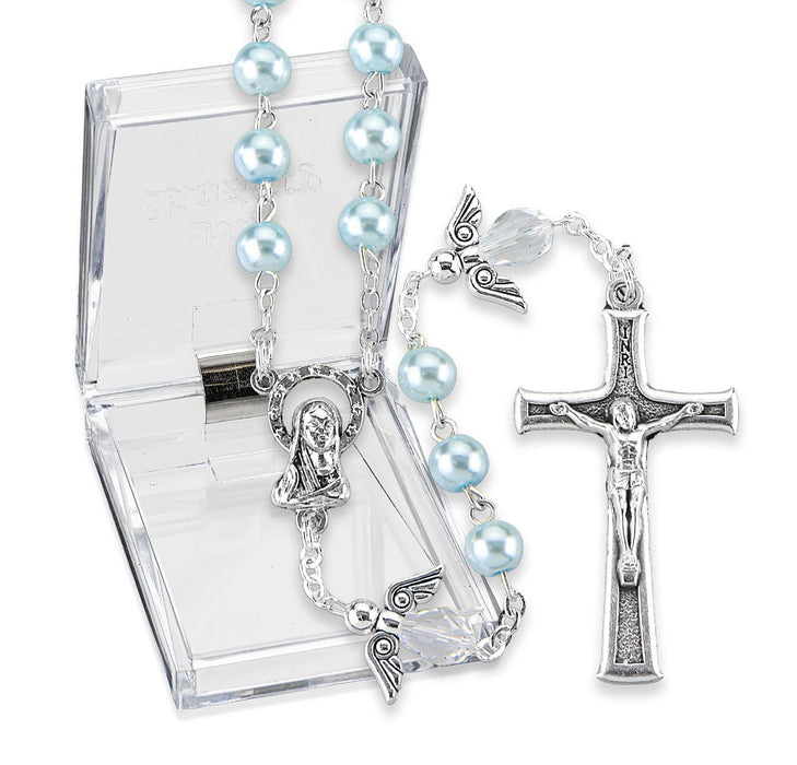 Rosary Light Blue Pearl Beads with Angel Our Fathers Comes in Gift Box