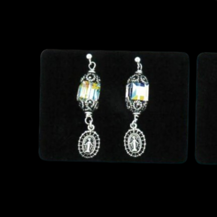 EARRING - SS MIRACULOUS MEDAL WITH SQUARE STONE