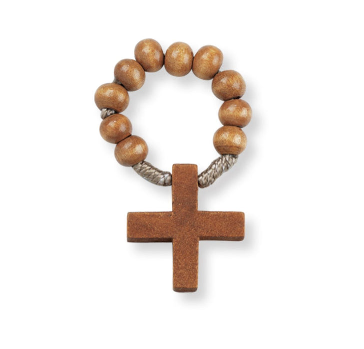 Rosary Ring Light Brown Wood with Cross