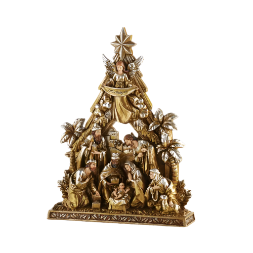 NATIVITY - ONE PIECE, 8 FIGURES - 10.5" GOLD TONE RESIN