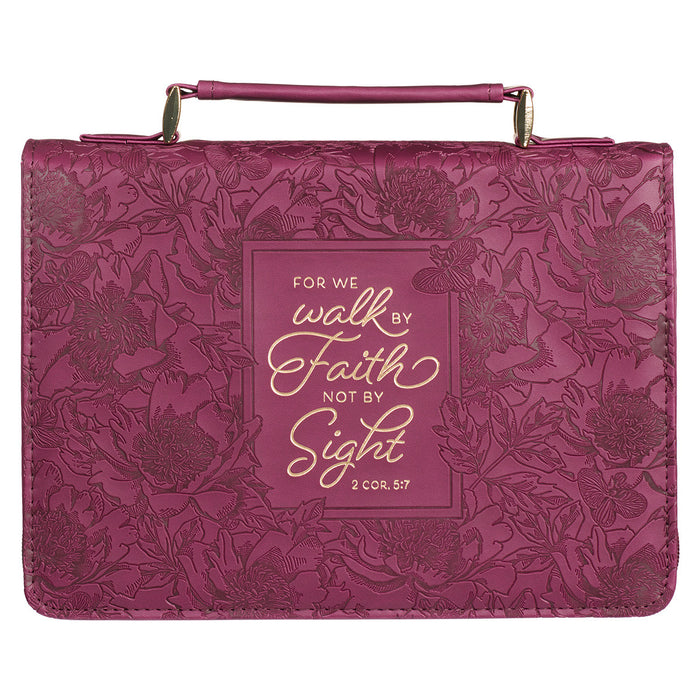 Bible Cover (M) "Walk by Faith" Ruby Red Faux Leather