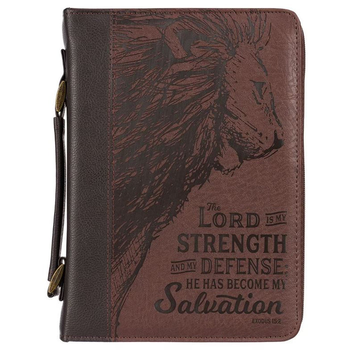 Bible Cover (M) "Strength and Defense" Walnut-Brown Faux Leather