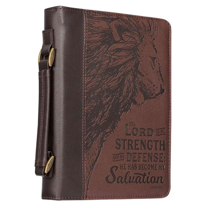 Bible Cover (M) "Strength and Defense" Walnut-Brown Faux Leather