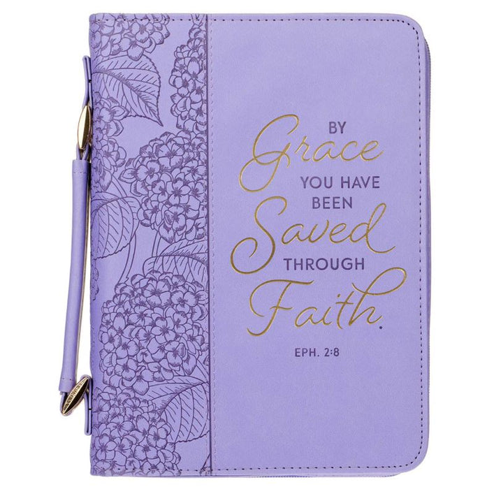 Bible Cover (M) "Saved by Grace" Lavender Faux Leather