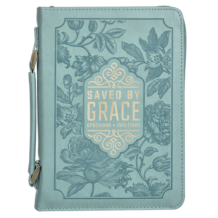 Bible Cover (M) "Saved by Grace" Teal Faux Leather