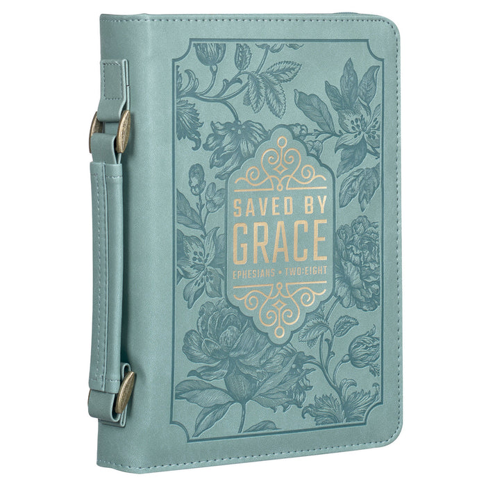 Bible Cover (M) "Saved by Grace" Teal Faux Leather