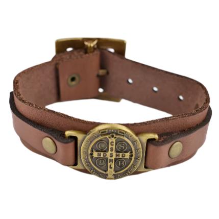 St Benedict Brown Leather Adjustable Men's Bracelet