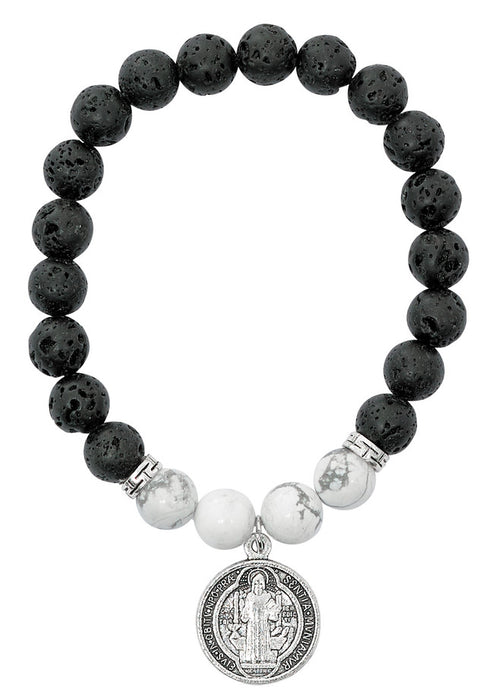 BRACELET ST BENEDICT BLACK LAVA & HOWLITE BEADS