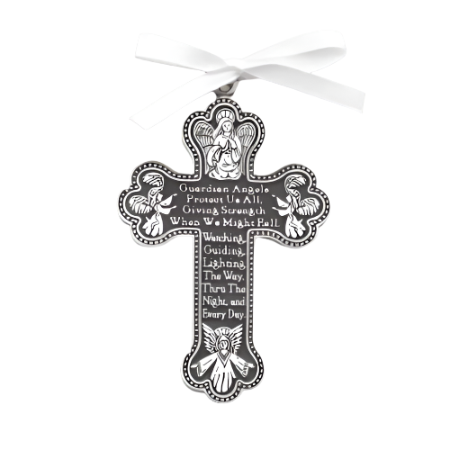 Crib medal "Guardian Angels" 3" Pewter with White Ribbon