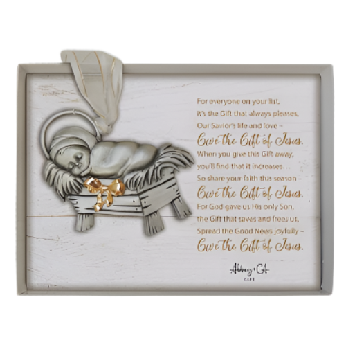 ORNAMENT - GIFT OF JESUS WITH WHITE RIBBON - 2.75" METAL