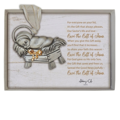 ORNAMENT - GIFT OF JESUS WITH WHITE RIBBON - 2.75" METAL