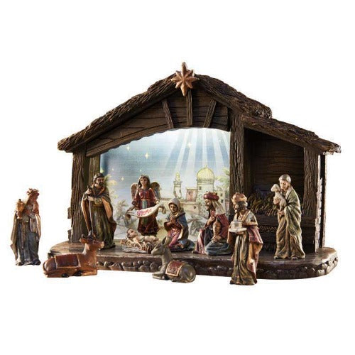 NATIVITY SET - 11 PIECES WITH LIGHT UP STABLE - RESIN