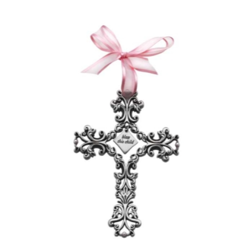 Baptism Bless This Child Cross Filigree design with Pink Ribbon